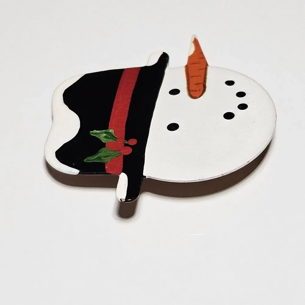 Signed Handmade Vintage Painted Metal Snowman Brooch